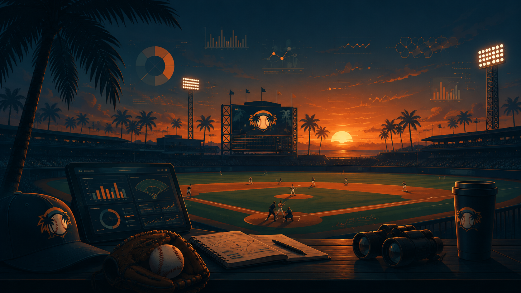 Tropical baseball stadium at sunset with analytics overlays